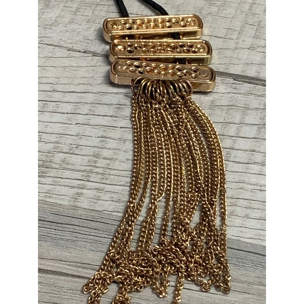 Gold Tone Textured Bar Multi Chain Tassel Black Cord Long Necklace 36 Inch